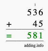 Calculate 536 + 45 using long addition