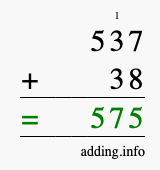 Calculate 537 + 38 using long addition