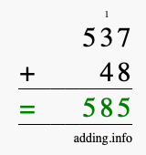 Calculate 537 + 48 using long addition