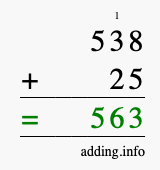 Calculate 538 + 25 using long addition