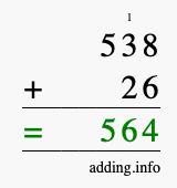 Calculate 538 + 26 using long addition