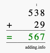 Calculate 538 + 29 using long addition