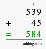 Calculate 539 + 45 using long addition