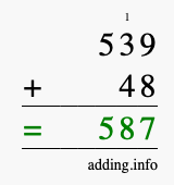 Calculate 539 + 48 using long addition