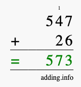 Calculate 547 + 26 using long addition