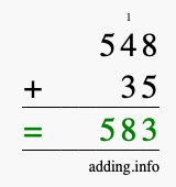 Calculate 548 + 35 using long addition