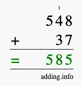 Calculate 548 + 37 using long addition