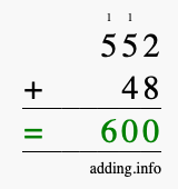 Calculate 552 + 48 using long addition