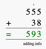 Calculate 555 + 38 using long addition