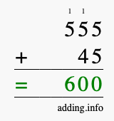 Calculate 555 + 45 using long addition