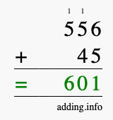 Calculate 556 + 45 using long addition