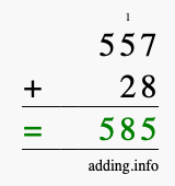 Calculate 557 + 28 using long addition