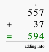 Calculate 557 + 37 using long addition