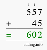 Calculate 557 + 45 using long addition