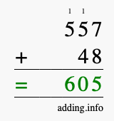 Calculate 557 + 48 using long addition