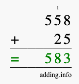 Calculate 558 + 25 using long addition