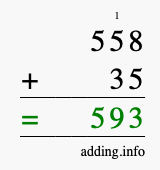 Calculate 558 + 35 using long addition