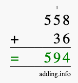 Calculate 558 + 36 using long addition