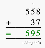 Calculate 558 + 37 using long addition