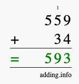 Calculate 559 + 34 using long addition