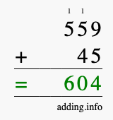 Calculate 559 + 45 using long addition