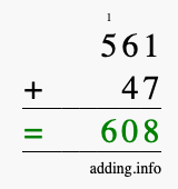 Calculate 561 + 47 using long addition