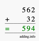 Calculate 562 + 32 using long addition