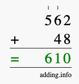 Calculate 562 + 48 using long addition