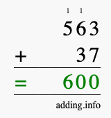 Calculate 563 + 37 using long addition