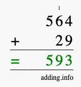 Calculate 564 + 29 using long addition