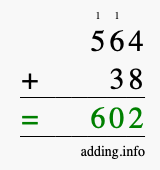 Calculate 564 + 38 using long addition