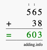 Calculate 565 + 38 using long addition