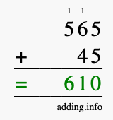 Calculate 565 + 45 using long addition