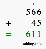 Calculate 566 + 45 using long addition