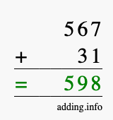 Calculate 567 + 31 using long addition