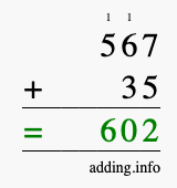 Calculate 567 + 35 using long addition
