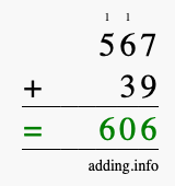 Calculate 567 + 39 using long addition