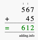 Calculate 567 + 45 using long addition