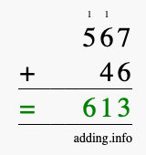 Calculate 567 + 46 using long addition