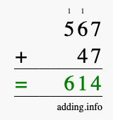 Calculate 567 + 47 using long addition
