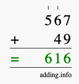 Calculate 567 + 49 using long addition