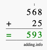 Calculate 568 + 25 using long addition