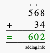 Calculate 568 + 34 using long addition