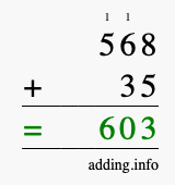 Calculate 568 + 35 using long addition