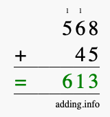 Calculate 568 + 45 using long addition