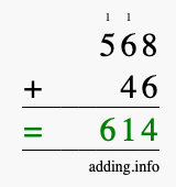 Calculate 568 + 46 using long addition
