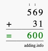 Calculate 569 + 31 using long addition