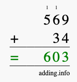 Calculate 569 + 34 using long addition