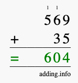 Calculate 569 + 35 using long addition