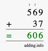 Calculate 569 + 37 using long addition